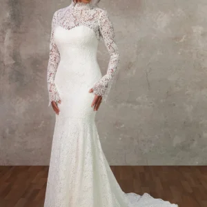 Suknia typu fit & flare z przezroczystymi długimi rękawami z koronki i wysoką stójką