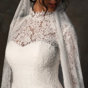 Suknia typu fit & flare z przezroczystymi długimi rękawami z koronki i wysoką stójką