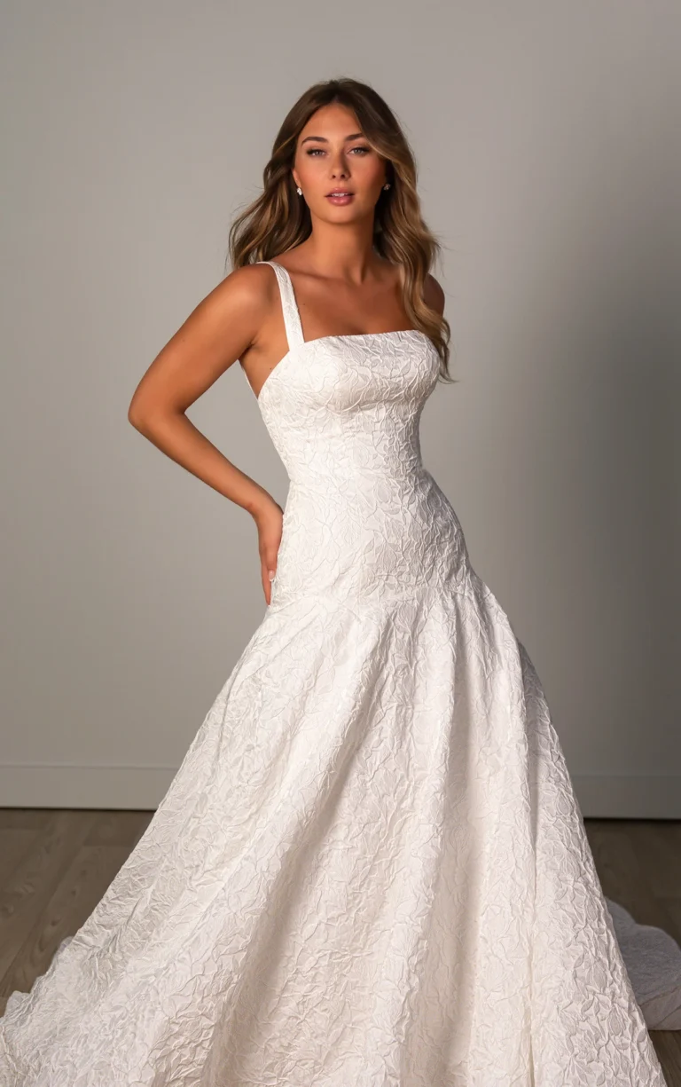 Żakardowa suknia ślubna typu fit & flare z obniżoną talią