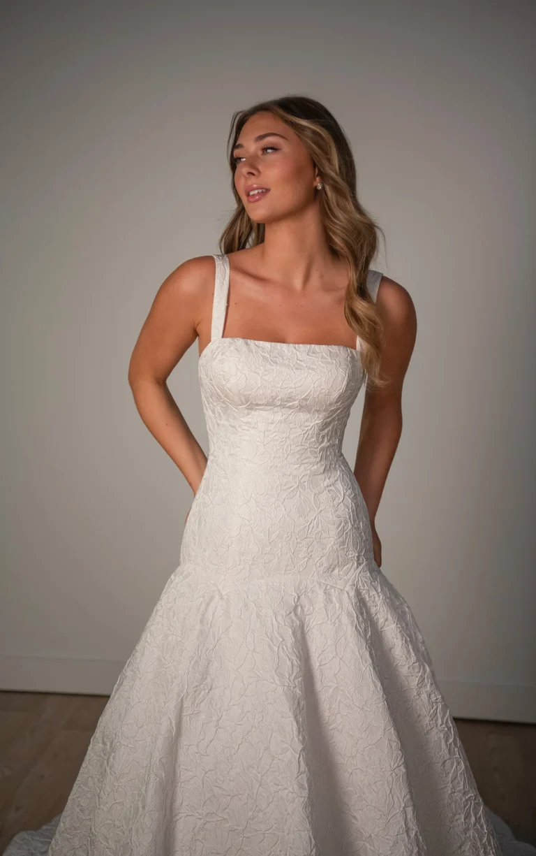 Żakardowa suknia ślubna typu fit & flare z obniżoną talią