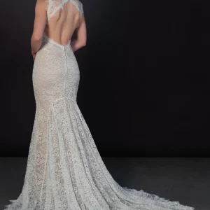 Suknia ślubna vintage koronkowa z wysokim dekoltem z odkrytymi plecami fit & flare z rękawami