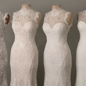 Suknia ślubna vintage koronkowa z wysokim dekoltem z odkrytymi plecami fit & flare z rękawami