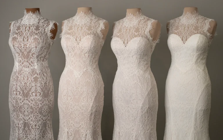 Suknia ślubna vintage koronkowa z wysokim dekoltem z odkrytymi plecami fit & flare z rękawami