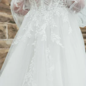 Eteryczna, designerska suknia ślubna boho w literę A z odpinanymi długimi rękawami – D3787, dodatkowe ujęcie 4
