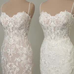 Koronkowa suknia ślubna typu fit & flare z koralikowymi ramiączkami spaghetti – D4344, dodatkowe ujęcie 2