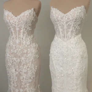 Suknia ślubna typu fit & flare bez ramiączek z koralikowaną koronką i aplikacjami 3D – D4368, dodatkowe ujęcie 2