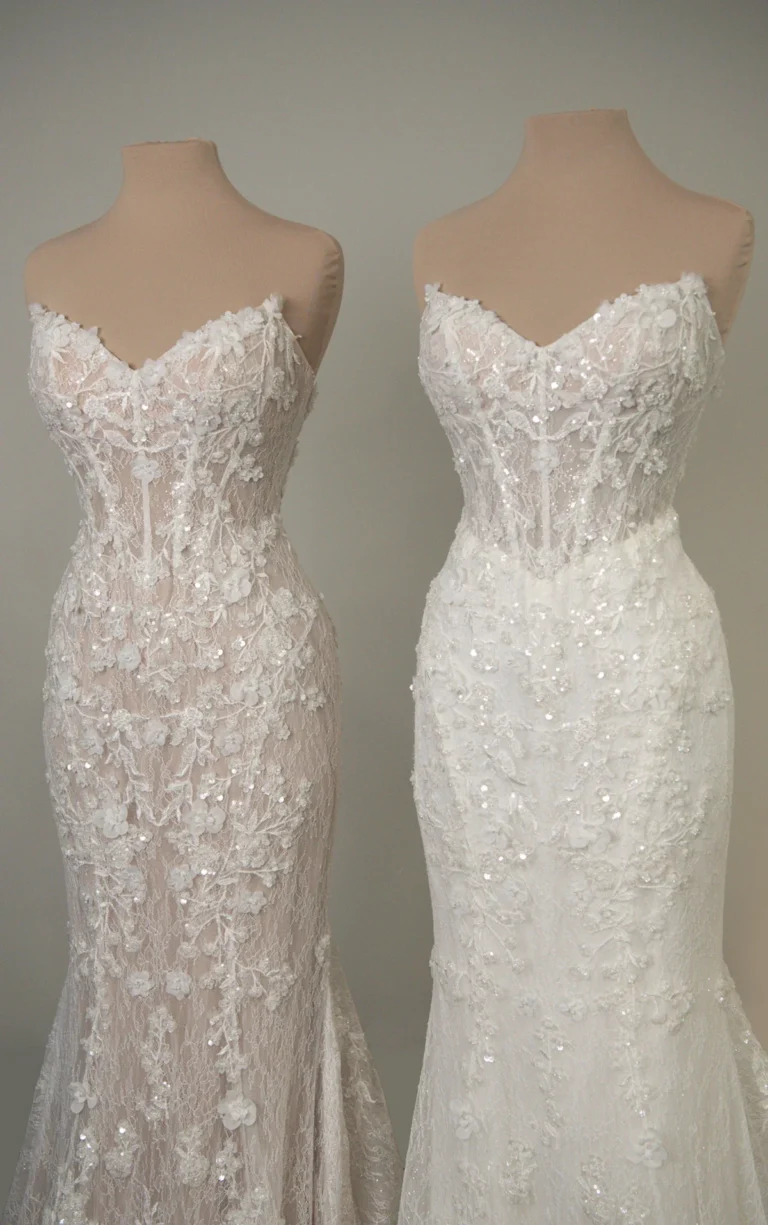 Suknia ślubna typu fit & flare bez ramiączek z koralikowaną koronką i aplikacjami 3D