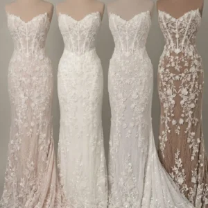 Suknia ślubna typu fit & flare bez ramiączek z koralikowaną koronką i aplikacjami 3D – D4368, dodatkowe ujęcie 6