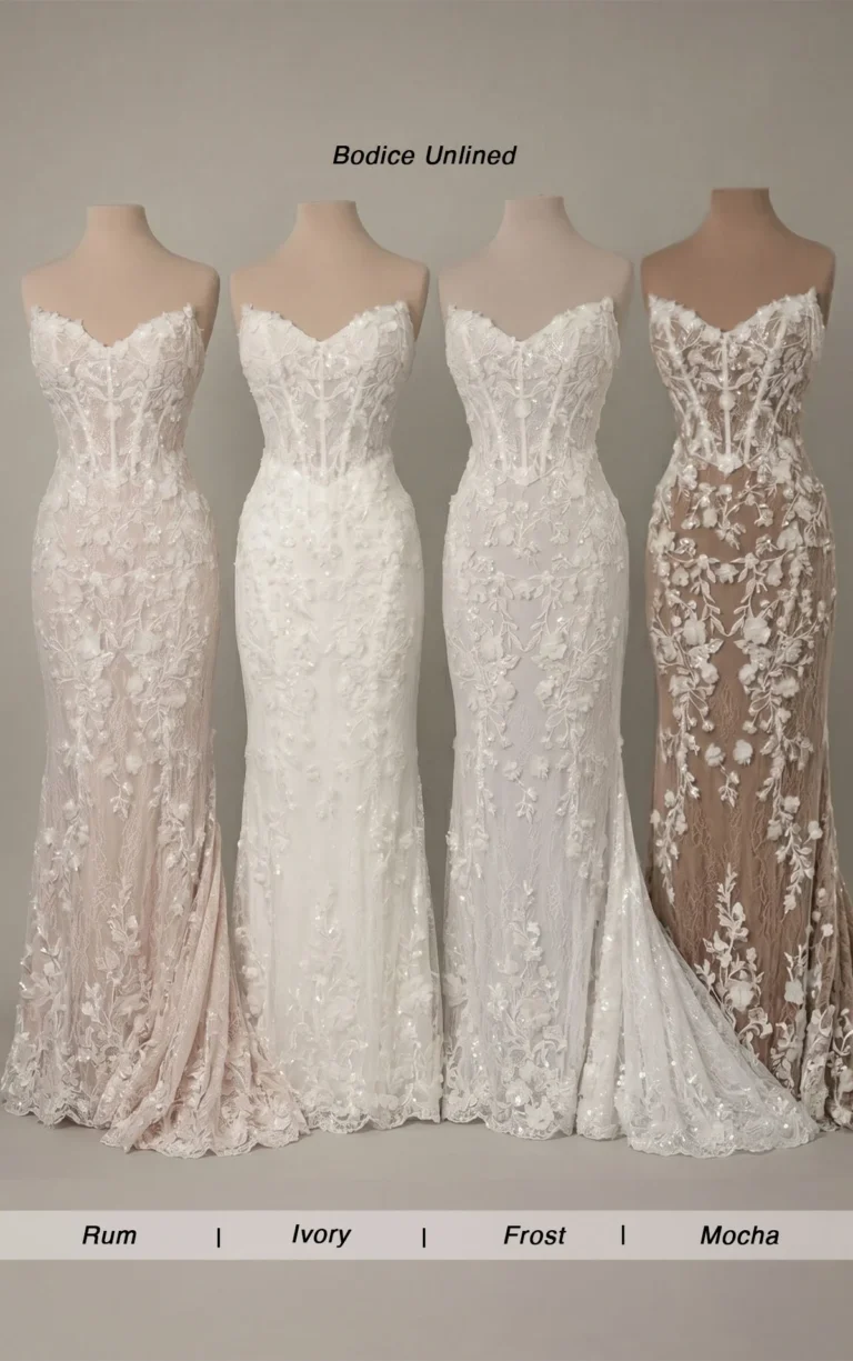 Suknia ślubna typu fit & flare bez ramiączek z koralikowaną koronką i aplikacjami 3D