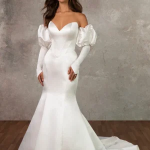 Suknia ślubna typu fit & flare bez ramiączek z satyny Grand Satin z kokardą z tyłu – D4369, dodatkowe ujęcie 2