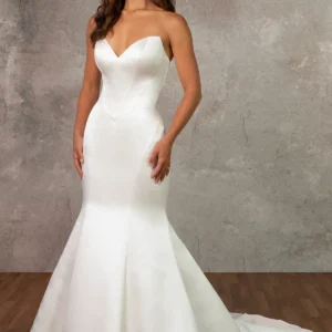 Suknia ślubna typu fit & flare bez ramiączek z satyny Grand Satin z kokardą z tyłu – D4369, dodatkowe ujęcie 4