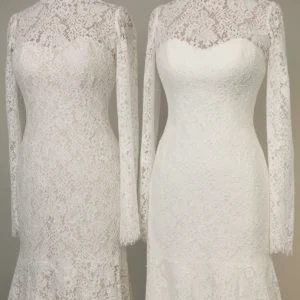 Suknia typu fit & flare z przezroczystymi długimi rękawami z koronki i wysoką stójką – D4455, dodatkowe ujęcie 2