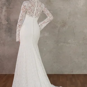 Suknia typu fit & flare z przezroczystymi długimi rękawami z koronki i wysoką stójką – D4455, dodatkowe ujęcie 1